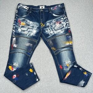 Smoke Rise Denim Jeans Mens 44 (43x32) Blue Paint Splatter Distressed Streetwear